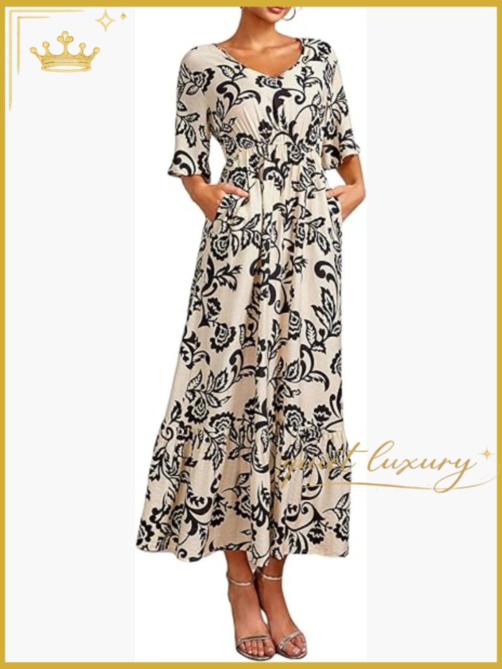 Short Sleeve Flowy Maxi Dress with Pockets V-Neck